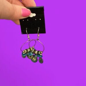 Teal brown and Goldtone beaded hoop earrings